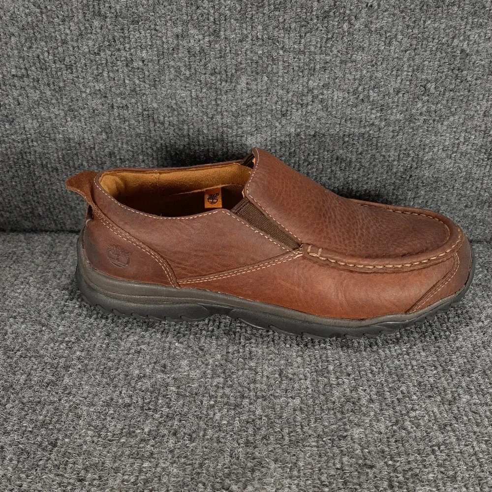 Timberland Slip On Loafers Mens 5.5 Brown Leather Round Moc Toe Shoes Casual